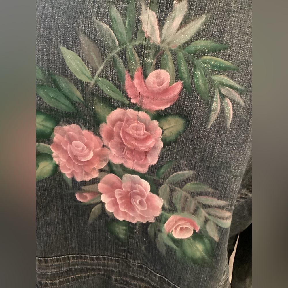 a.n.a 3 button painted floral glitter embellished Jean jacket Woman’s size 2X - Picture 3 of 15
